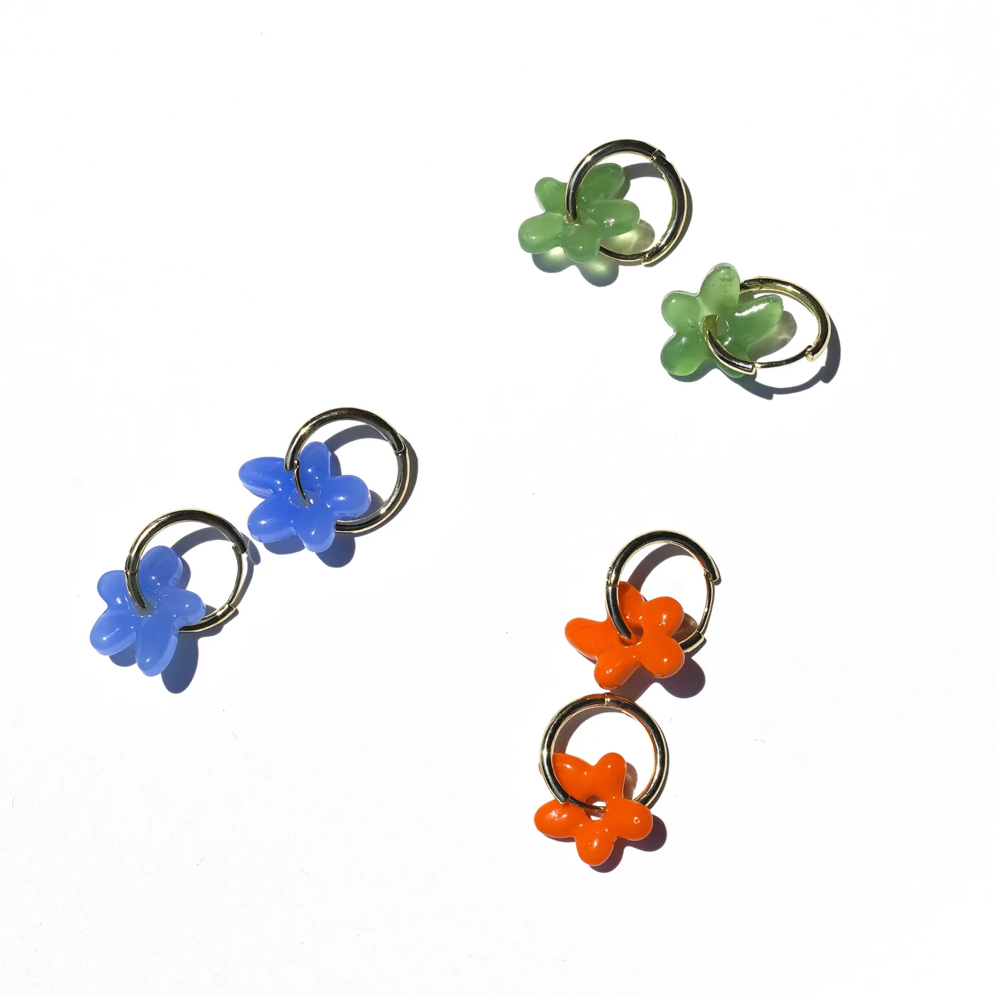 Liuli glass flower hoop earrings in blue, green and orange