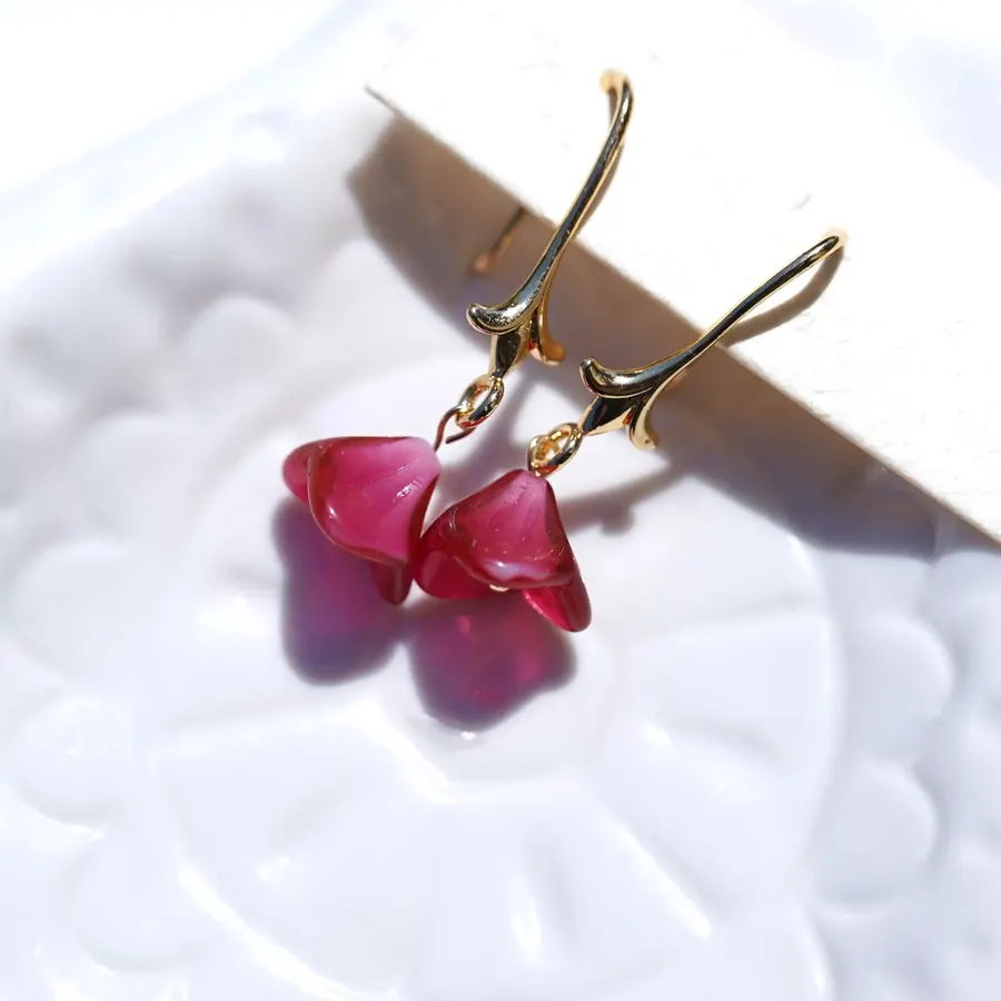 Raspberry pink glass floral earrings on gold hooks
