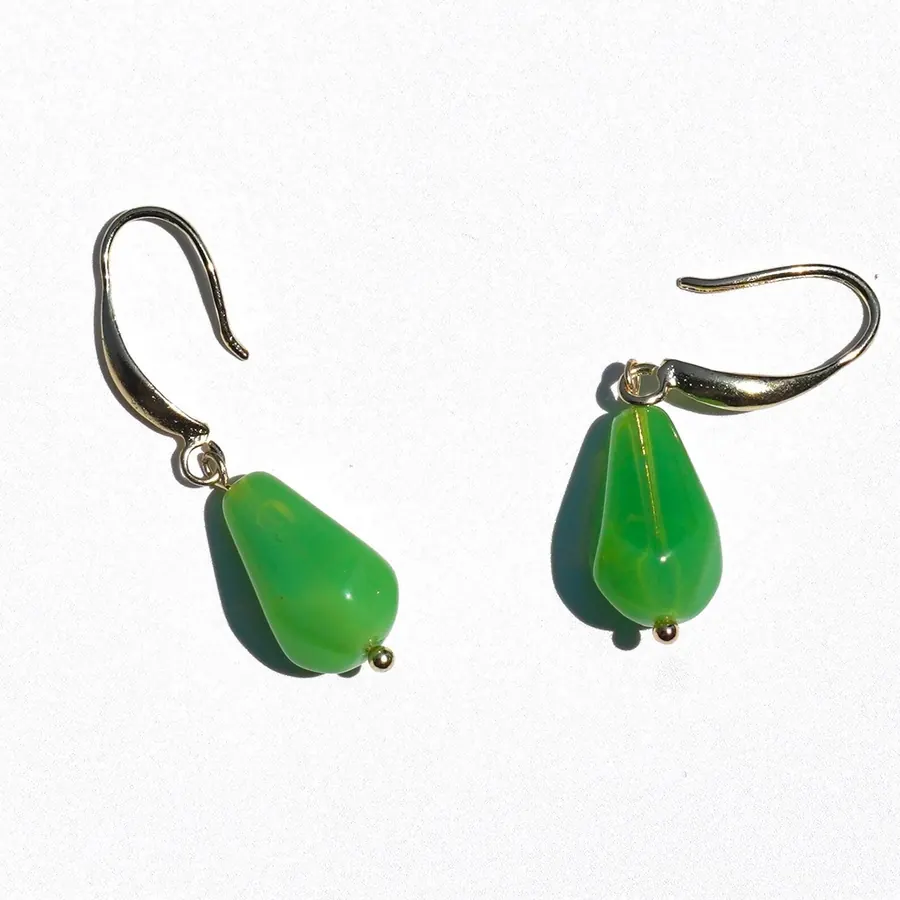 Verdant green glass drop earrings on gold hooks